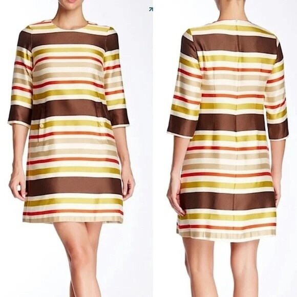 J. McLaughlin Stripe Dress Jewel Neck Color Block Stripe SZ 10 Fall Tones - Picture 14 of 14